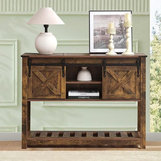 Farmhouse Entryway Table, 46" Hallway Table with Sliding Barn Doors, Rustic Sofa Table, Wood Console Table with Storage Shelf for Living Room, Entryway, Foyer (Brown)