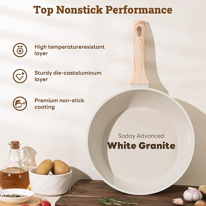 17 Pcs Pots and Pans Set Non stick，Cookware Sets White Granite Induction Cookware, Non-toxic Healthy Non Stick Kitchen Cooking Set with Frying Pans Set, Saucepans (PFAS, PFOA, PFOS Free) White