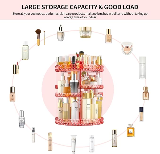 360 Rotating Makeup Organizer, DIY Adjustable Cosmetics Organizer[Patented Product], Professional Acrylic Make Up Caddy Shelf Storage Perfume, Lipsticks, Makeup Brushes or Accessories (Pink)