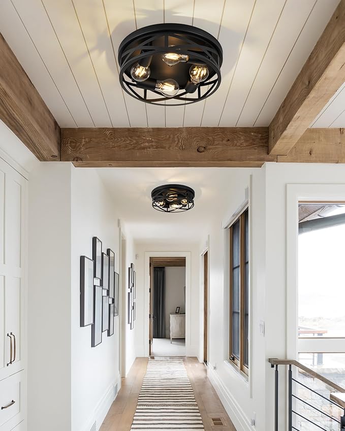 Black Flush Mount Ceiling Light Fixtures,4-Light Modern Hallway Light Fixtures Ceiling, Black Light Fixture Ceiling Mount for Farmhouse,Kitchen, Bedroom 2 Pack