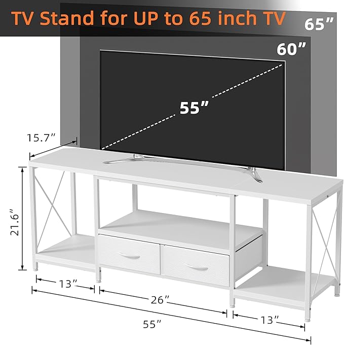 TV Stand with Fabric Drawers for 55 60 65 Inches TV - Entertainment Center and Industrial TV Console Table with Open Storage Shelves for Living Room, Bedroom - 55.1" White
