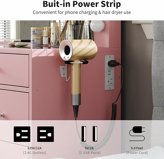 Vanity Desk with Power Outlet, Makeup Vanity with Lighted Mirror, 3 Lighting Modes Adjustable, 9 Drawers Vanity Table with Chair with Fold-up Panel, Glass Top, Dressing Table for Bedroom, Pink