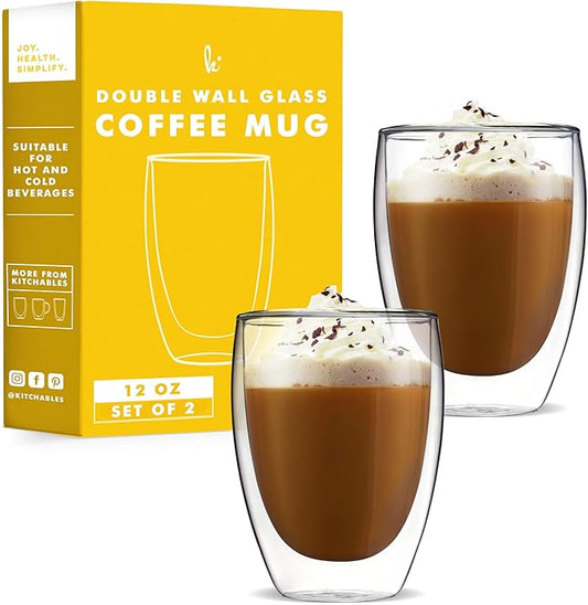 Kitchables Double Walled Glass Coffee Mugs Set of 2,12oz - Insulated Clear Coffee Mug for Cappuccino, Latte, Tea, Espresso - Latte cup - Tazas Para Cafe
