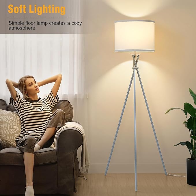 Tripod Floor Lamp Silver, 61”Tall Floor Lamps, Standing Lamp with Rotary Switch, Modern Floor Lamp Simple Design with White Shade, Floor Lamps for Living Room, Bedroom, Office, Without Bulb