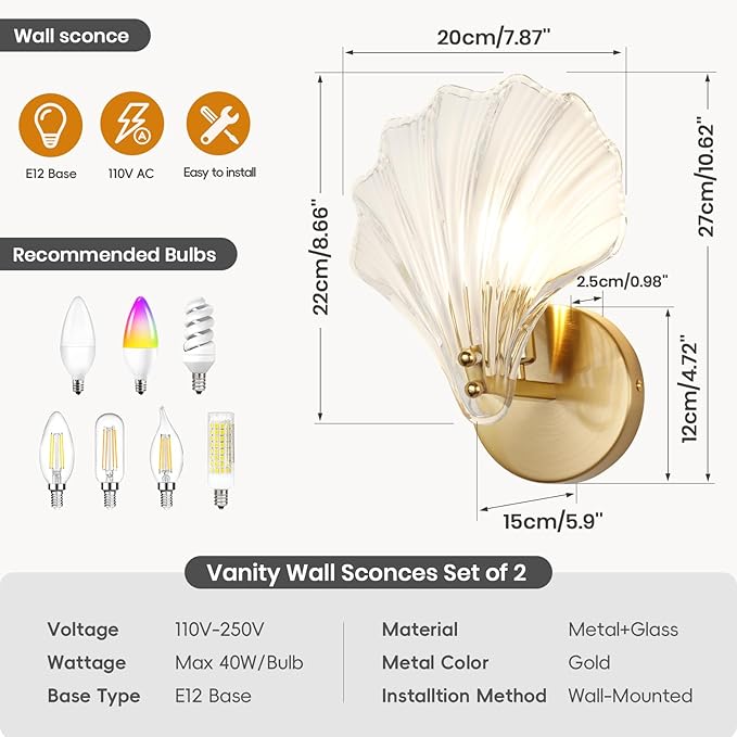 2 Pack Gold Glass Wall Sconces Crystal Wall Light with Clear Shell Shaped Glass Shades, Mid Century Gold Vanity Light Brass Bathroom Light Fixtures Beside The Mirror for Bedroom Porch Indoor
