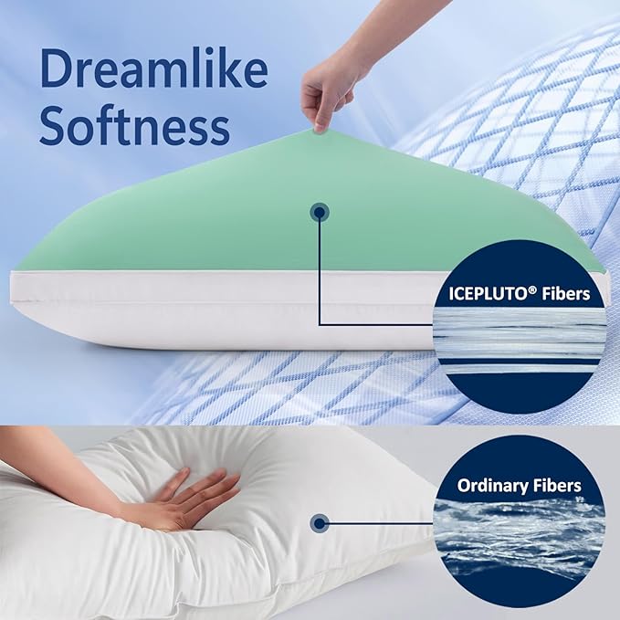 Queen Size Pillows Set of 1, Luxury Soft Hotel Down Alternative Single Pack Bed Pillows, Gusseted Supportive for Side Back Stomach Sleepers, Washable, Cooling Green, 20 x 30, 1 Pack