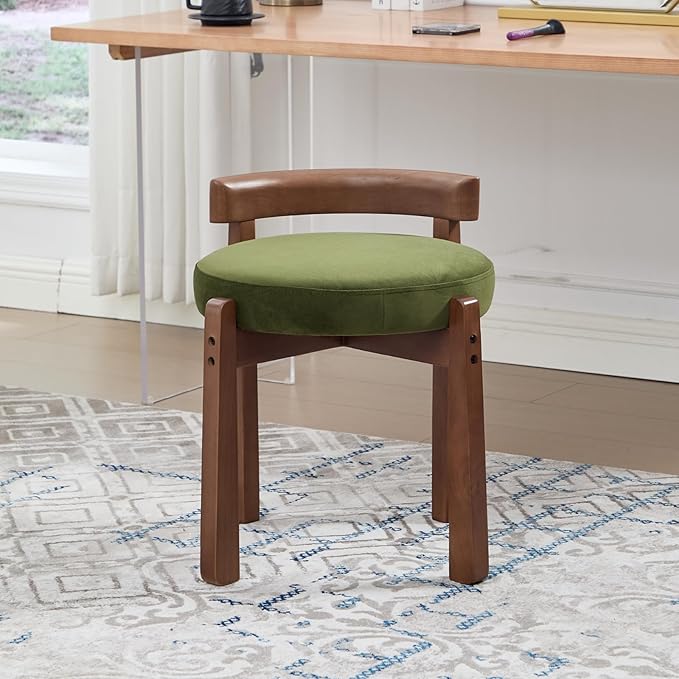 DUOMAY Modern Velvet Vanity Stools Set of 2, Upholstered Low Back Ottomans with Solid Wood Legs Cute Round Footrest Makeup Stools Dressing Seat for Living Room Bedroom, Green
