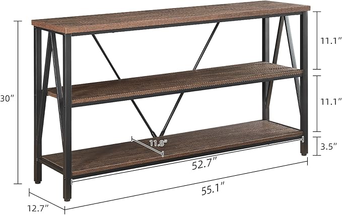 HOMISSUE Entryway Console Table, Rustic Couch with Wide Storage, Industrial Sofa Tables with 3-Tier Open Shelves, Entryway Table for Living Room, Hallway, Brown, 55 Inch