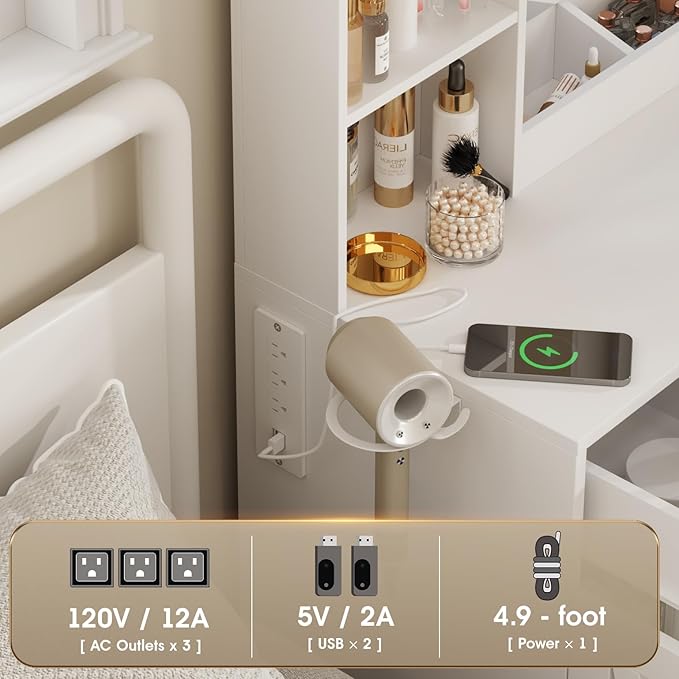 Vabches Makeup Vanity Desk, Vanity Mirror with Lights Desk and Chair,Makeup Table with 3 Large Drawers and 2 Cabinets, Time and Temperature Display, 3 LED Lighting Modes Adjustable, White