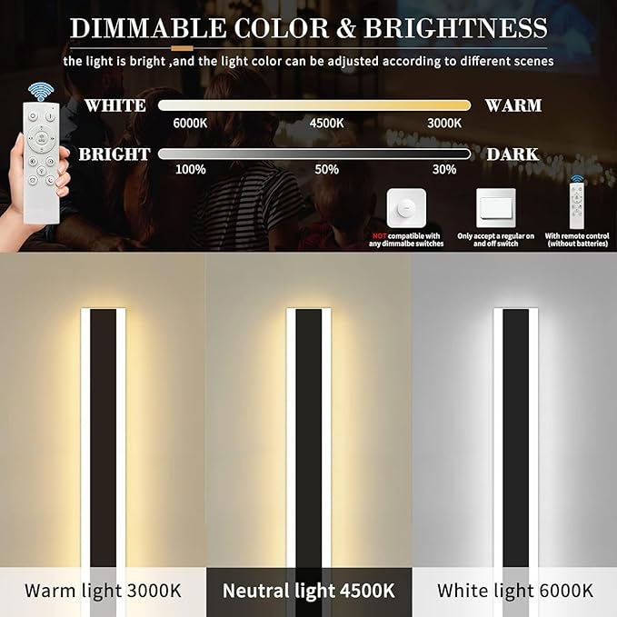 Mikeru Modern Outdoor Wall Light, 3000k-6000k Dimmable Outdoor Wall Sconce 57inch Black Exterior Lights with Remote Control Ip65 Waterproof Anti-Rust Linear Long Porch Lights