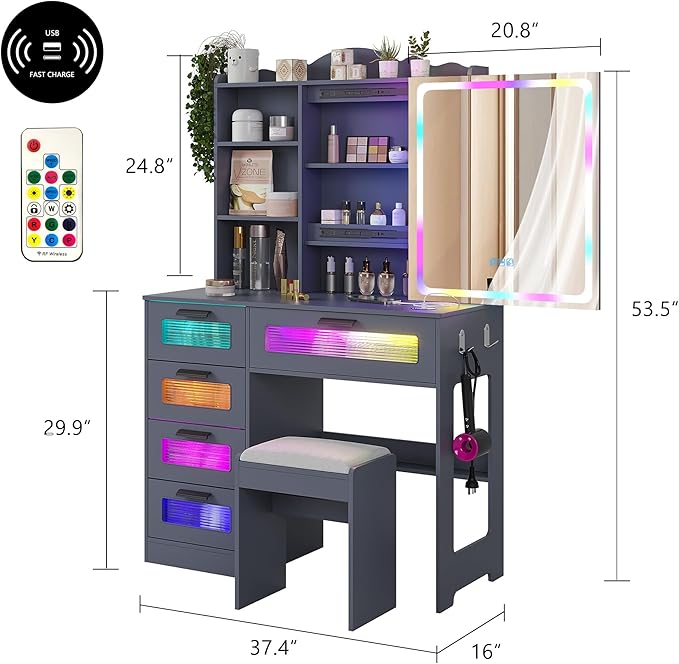 HNEBC Vanity Desk with Sliding Mirror and LED Lights, RGB Vanitys with Charging Station, Makeup Vanitys with Remote Control, White Dresser with Stool/Lager Drawers for Bedroom (Grey)