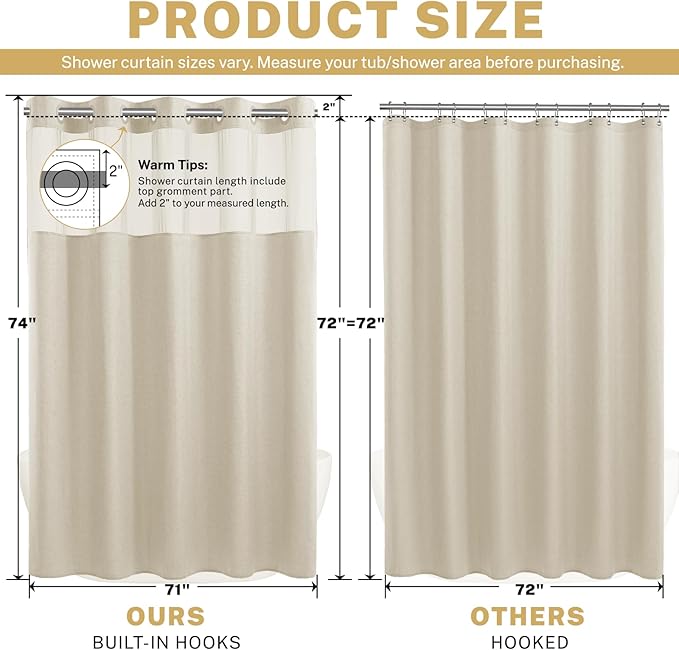 No Hook Shower Curtain with Snap in Liner, Polyester Textured Shower Curtain with Liner Set, Waterproof Washable Hotel Style Shower Curtains for Bathroom, 71Wx74H, Cream