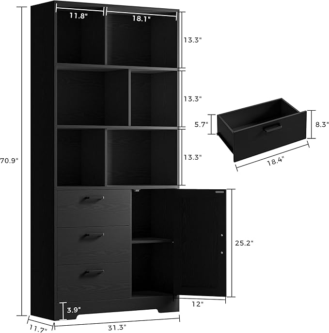 IRONCK Bookshelf with Drawers, 70.9 inch Tall Bookcase with Doors, Bookshelves and Bookcases with Storage, Bookshelf with 6 Open Cubes for Home Office, Living Room, Study, Black