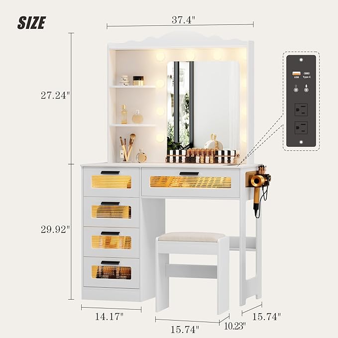 HWB Makeup Vanity Desk with Mirror and Lights,Vanity Table with 5 Drawers&2 Shelves,Vanity Set for Bedroom,Dressing Table with 10 Light Bulbs,Desk Vanity with USB Port&Human Sensor Design,White