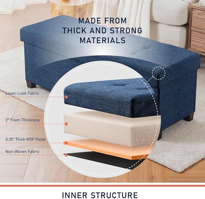 Ornavo Home 43 Inch Storage Ottoman, Large Storage Bench, Ottoman with Storage with Legs, Foot Rest Stool, Bedroom Bench - Navy Blue