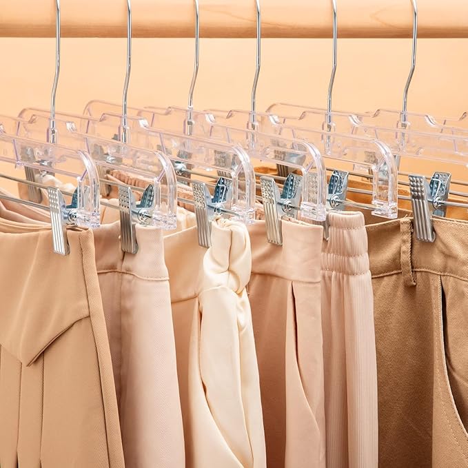 HOUSE DAY 120 Pack Clear Pants Hangers with Clips, Plastic Skirt Hangers for Women, 14 Inch Clip Hanger for Pants, Skirts, Jeans, Shorts, Legging, with 360-degree Swivel Hook, 2 Adjustable Clips