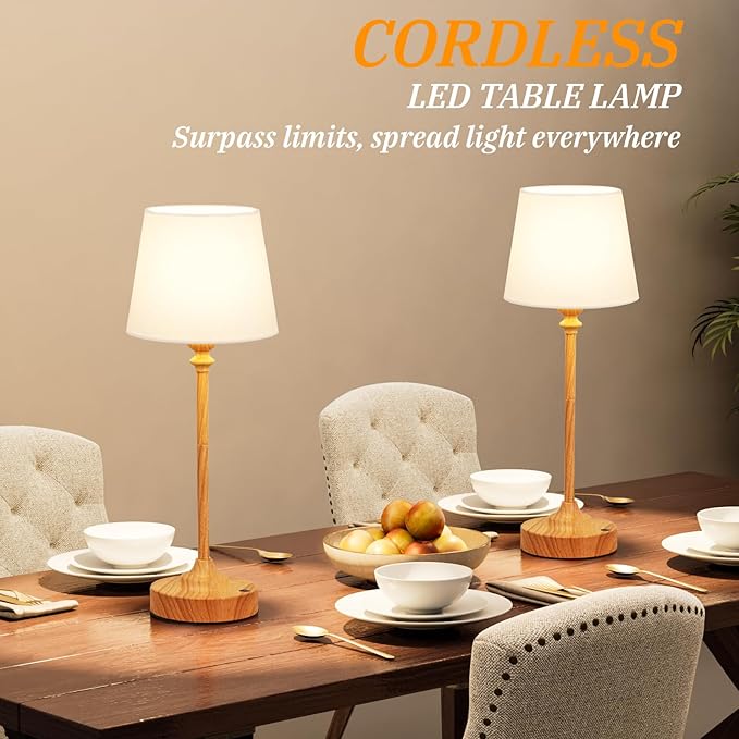 Kakanuo Cordless Table Lamps Rechargeable Set - 2 Pack Wooden 4000mAH Battery Operated Lamps for Decor, 3000K Stepless Dimming Touch Control Wireless Lamps for Bedroom, Dining Table