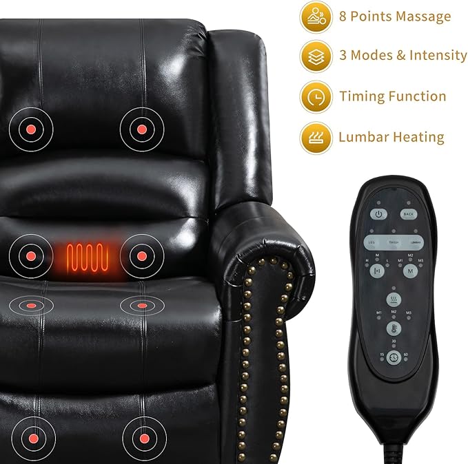 Dual Motor Power Lift Chair, Lay Flat Recliner Chair, Electric Recliner with Massage and Heat for Elderly, Remote Control, Infinite Position, Standing Assistance, USB Ports, Genuine Leather, Black