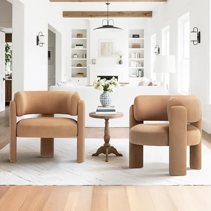 COLAMY Modern Velvet Accent Chairs Set of 2, Upholstered Barrel Chairs, Comfy Side Arm Chairs with 3 Legs for Living Room, Bedroom, Reading, Khaki