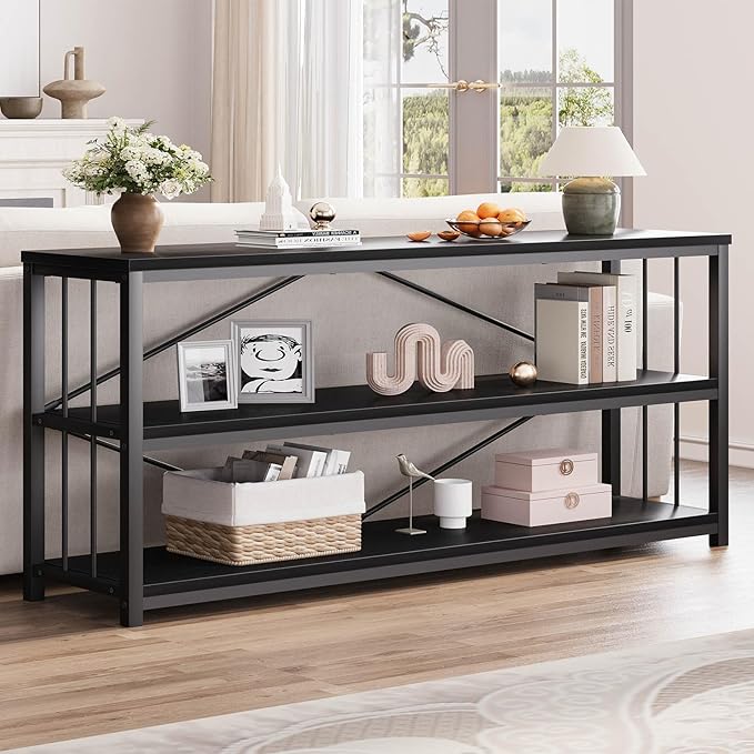 LVB Black Entryway Table, Modern Extra Long Sofa Console Table, Metal Wood Narrow Hallway Table with Storage Shelves, Industrial Skinny Foyer Couch Tables for Living Room Bedroom, Black Oak, 70 Inch