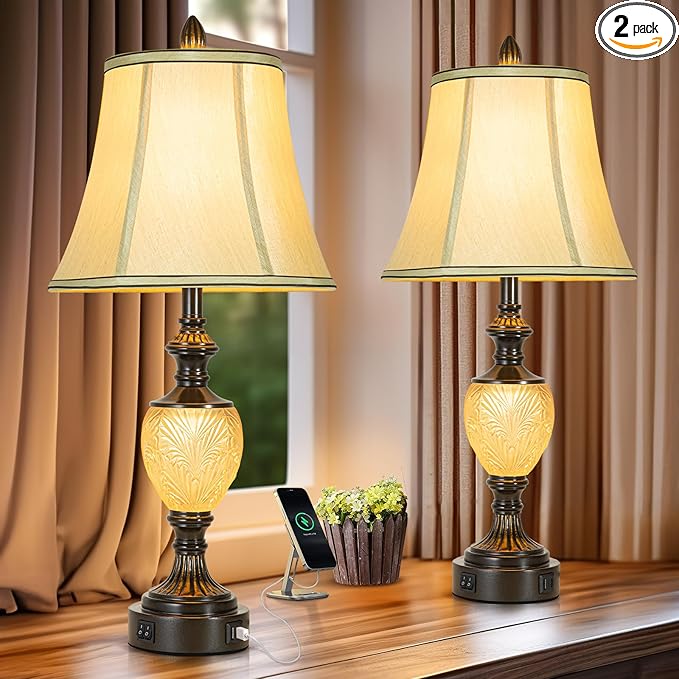27'' High Vintage Table Lamp Set of 2 for Living Room Farmhouse Bedside Lamp with Fabric Shades Boho Nightstand Lamp with USB and Nightlight for Bedroom Home Office Hotel Bar (Bulb Included)