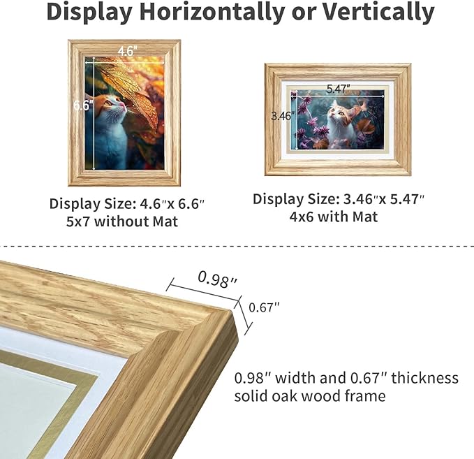 5x7 picture Frame Matted to 4x6, 5*7 Solid Oak Wood Picture Frame ,4*6 Picture Frame with Mat ,5 by 7 Premium Photo Frame with Real HD Tempered Glass,Tabletop or Wall Mount Display,Oak Color, 1 Pack