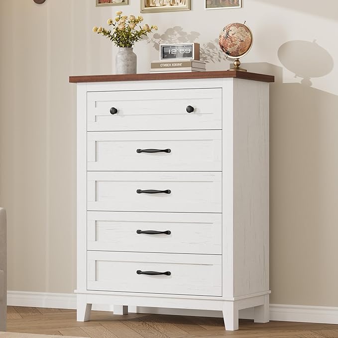 GarveeHome 5 Dresser for Bedroom, 41.3" Tall Vertical Drawer Dresser with Large Storage, Freestanding Wooden Closet Chest for Bedroom, Living Room, White + Brown
