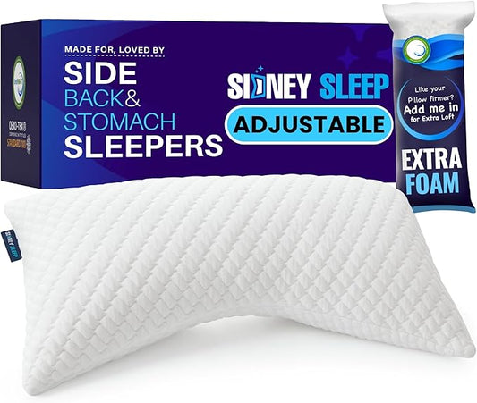 Sidney Sleep Bed Pillow for Side and Back Sleepers - Adjustable Filling - Memory Foam Pillow for Neck and Shoulder Pain - Customizable Loft - King Size - Additional Foam Bag Included (White)