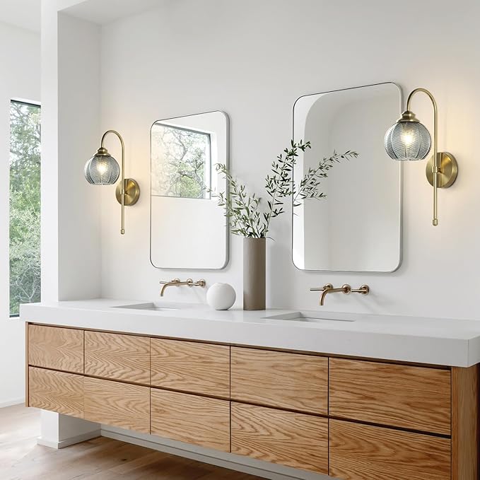 KCO Lighting Brushed Gold Wall Sconce Set of Two Vintage Smoked Glass Wall Lights Mid Century Bathroom Light Sconces Set of 2 Modern Globe Wall Sconce Long Arc Wall Light