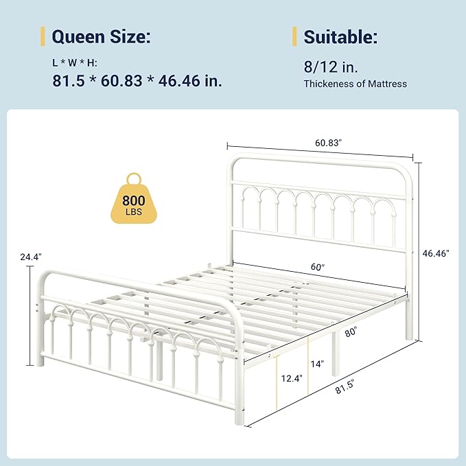 Allewie 14 Inches Queen Size Metal Platform Bed Frame with Victorian Style Curved Iron-Art Headboard/Footboard, Metal Slats Support, Easy Assembly, Under Bed Storage, No Box Spring Required, White