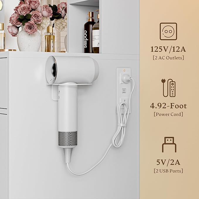 Makeup Vanity Desk with Mirror and Lights, White Vanity with Glass Top, LED Lights & Power Outlet, 3 Drawers & 2 RGB Glass Cabinets, Adjustable Lighted Dressing Table for Women & Girls Bedroom