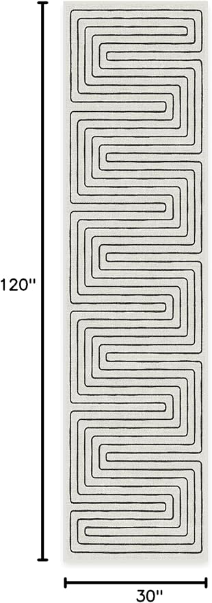 RUGGABLE x Jonathan Adler Machine Washable Modern Runner Rug – Labyrinth Black/Ivory 2.5x10, Stain-Resistant, Non-Slip – Washable Rug for Hallway, Entryway, Living Room & Kitchen–with Cushioned Pad
