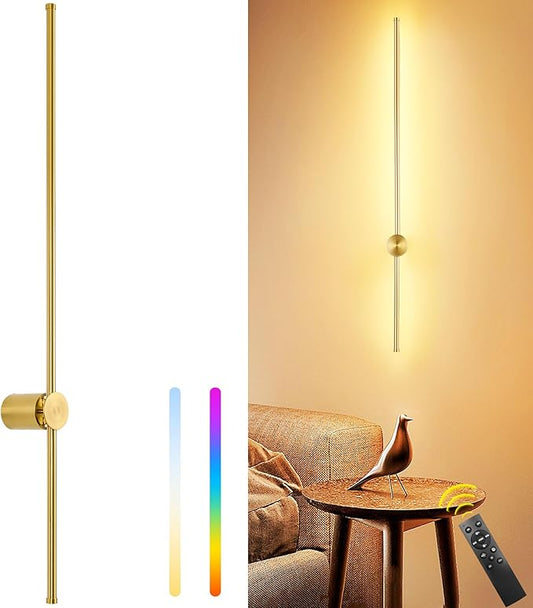 39.4 Inch Battery Operated Wall Sconce, 12000mAh Rechargeable Wall Sconce with Remote Control, Dimmable LED Wireless Wall Light for Bedroom, Living Room, 15 Colors, 180° Rotate, Gold, 1 Pack