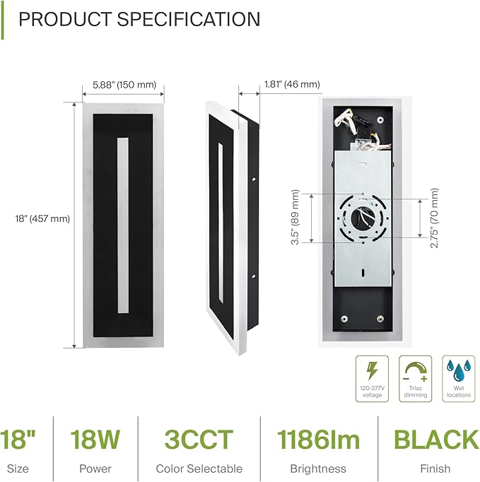 ASD LED 18" Long Wall Mount Light Fixture, Outdoor & Indoor Linear Sconce | 3CCT, Dimmable, Waterproof, Anti-Rust, ETL Listed | 18W 1180LM 3000-5000K 100-277V | Exterior Porch Lighting | Black, 2 Pack