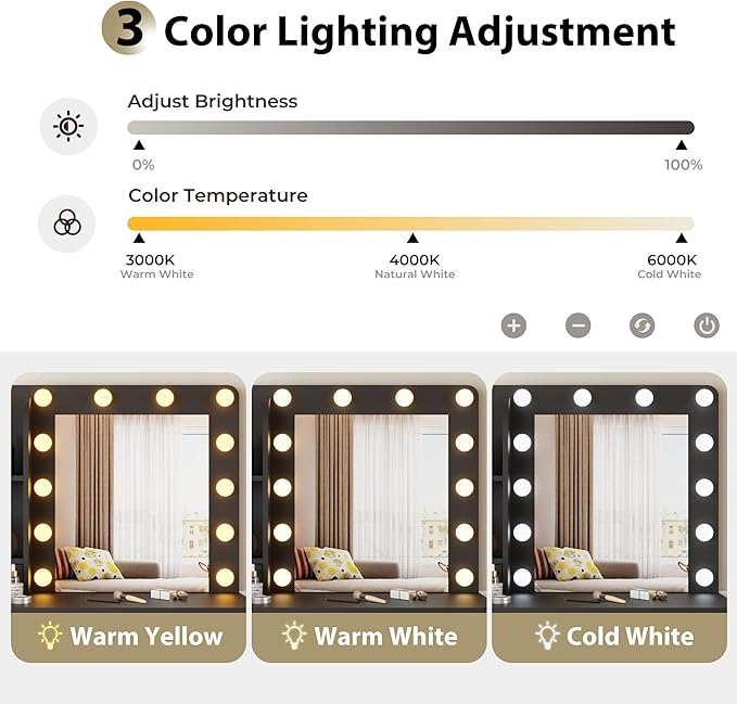 Vanity Desk with Mirror and Lights, 3 Adjustable Lighting Makeup Vanity Desk with 3 Storage Shelves, 5 Large Drawers and Power Outlet, Vanity with Chair for Bedroom, Black