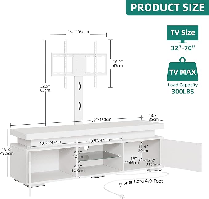 YITAHOME White TV Stand for Living Room, LED Entertainment Center with Storage, Height-Adjustable Mount TV Stand for 70/65 Inch TVs, Media Cabinet with LED Lighting and Charging Ports, White