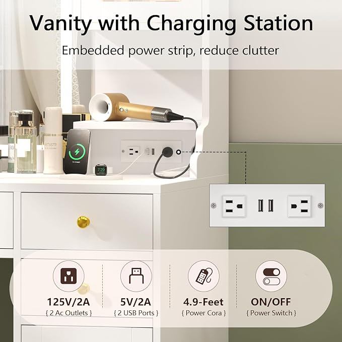 Vanity Desk with Mirror and Lights, White Makeup Vanity Table with Charging Station，Large Vanity Desk with 6 Drawers & 2 RGB Cabinet, Dressing Table Set with Lighted Mirror Adjustable, for Bedroom