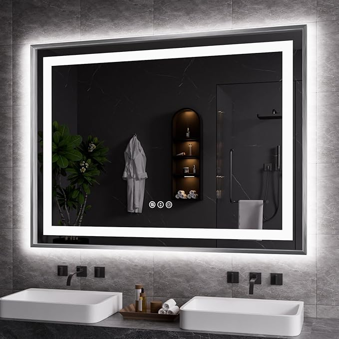 Amorho 48"X36" LED Bathroom Mirror, Brushed Nickel Framed Mirror with Front Light and Backlit, Stepless Dimmable, Anti-Fog, Shatter-Proof, Memory, 3 Colors