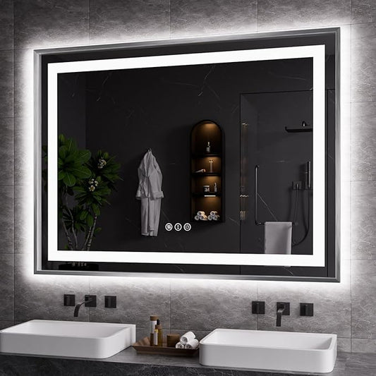 Amorho 48"X36" LED Bathroom Mirror, Brushed Nickel Framed Mirror with Front Light and Backlit, Stepless Dimmable, Anti-Fog, Shatter-Proof, Memory, 3 Colors