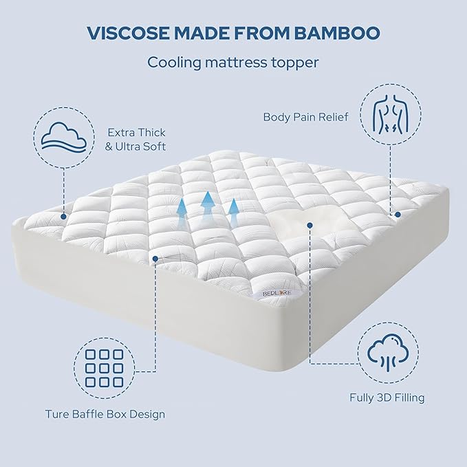 BEDLORE Twin Mattress Topper, Viscose Made from Bamboo Soft Pillow Top Mattress Pad, Thick Mattress Cover for Back Pain Relief with 6-15 inches Deep Pocket