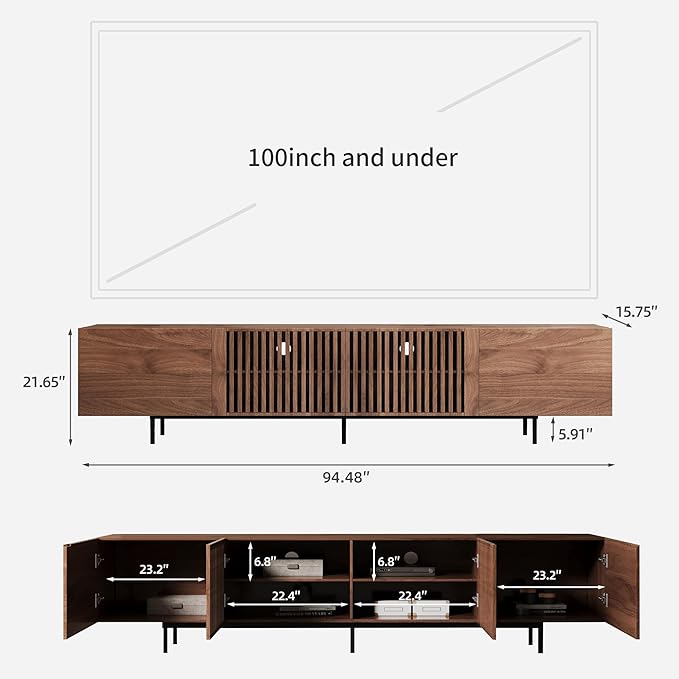 Mid Century Modern TV Stand with 4 Doors, 94.48 Inch Wide Entertainment Center TV Console for Living Room Bedroom, Media Console TV Cabinet with Storage Walnut
