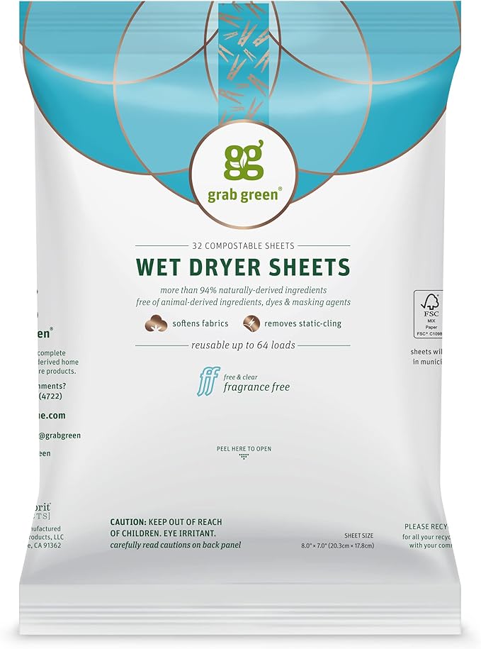 Grab Green Wet Dryer Sheets, 32 Count, Fragrance Free, Plant Based, Softens Fabrics, Reduces Static Cling and Wrinkles
