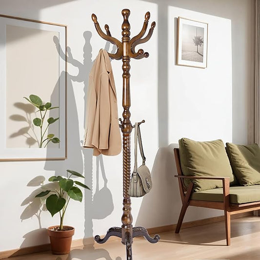 73 in Wood Coat Rack, Coat Rack Freestanding with Stable Round Base, Adjustable Height Tree Coat Racks Stand for Home Bedroom Office Hallway Entryway (Triangular Antique)