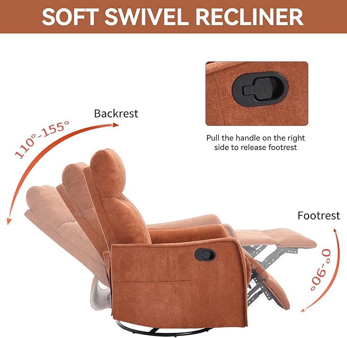 Massage Rocker Swivel Recliner Chair for Adults, Manual Recliner Glider with Lumbar Heating, Technical Flannel Fabric Nursery Glider Rocking Chair with Vibration Massage for Living Room - Orange