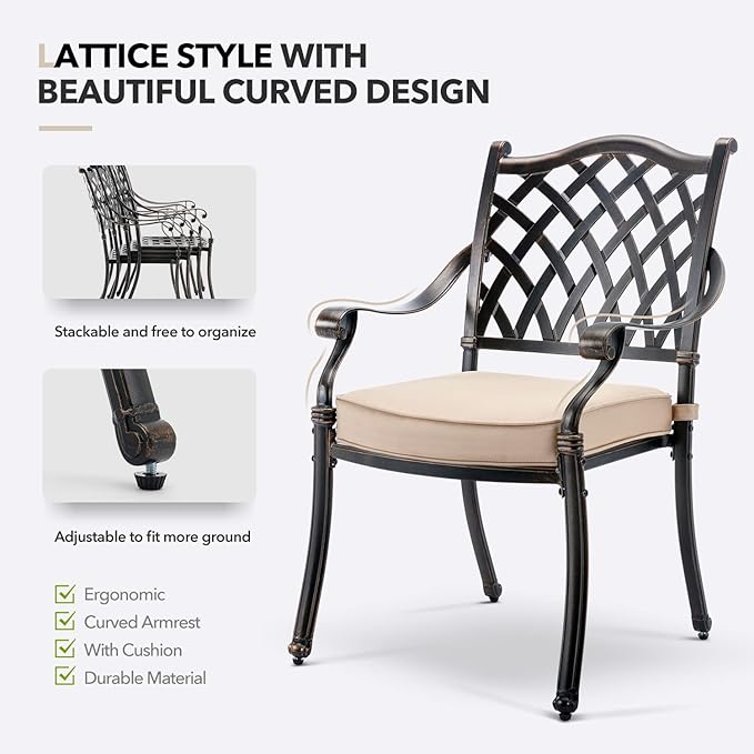 7 Piece Outdoor Dining Set Cast Aluminum, Retro Patio Dining Furniture Set for 6 Includes 54’’ Round Table 6 Chairs with Thicker Cushion and Umbrella Hole for Patio Deck Garden