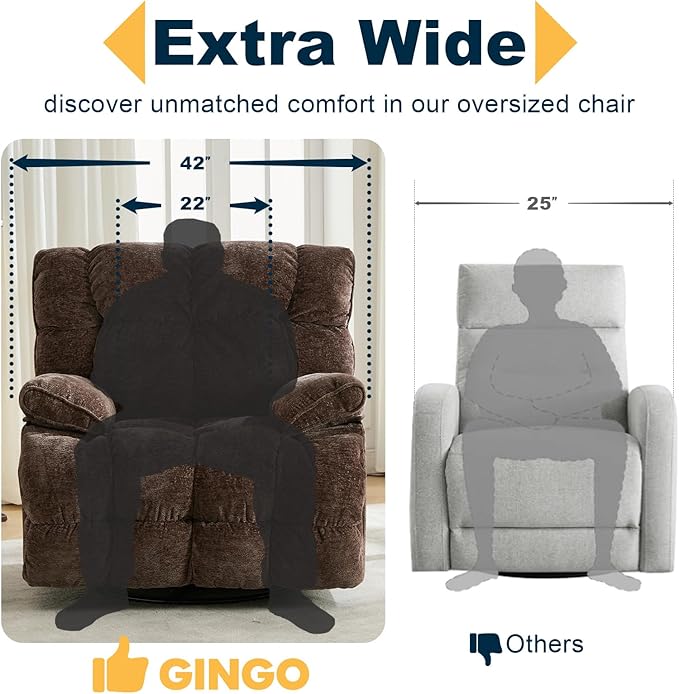 GINGO Power Oversized Recliner Chair, Extra Wide Swivel Rocking Recliner Chair, Breathable Soft Fabric Modern Single Sofa for Living Room, 90°-140° Electric Adjustable Angle, USB & Type-C Port, Brown