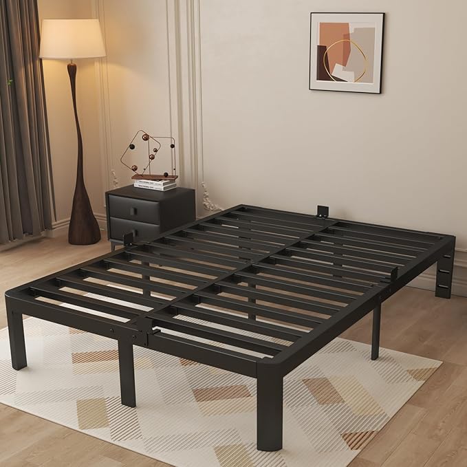 12 Inch King Size Bed Frame with Metal Gaskets, Black Bed Frame King Platform No Box Spring Needed, Heavy Duty Steel Support, Round Corner Design, Reserved Holes, Storage Space, Noiseless