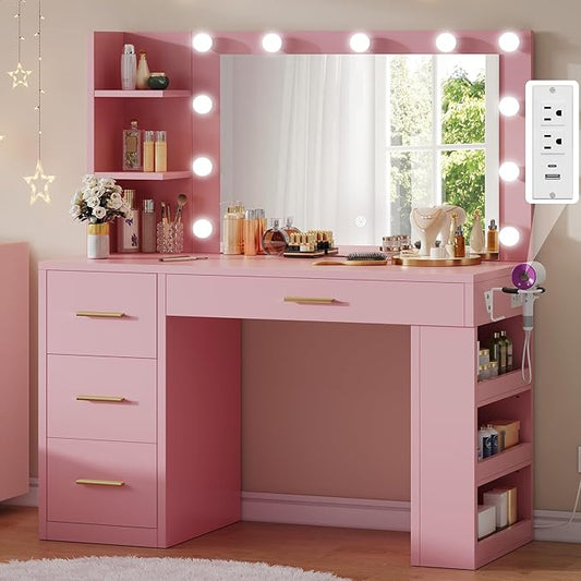 DWVO Vanity Desk with Mirror, Hollywood Lighted Makeup Mirror with 3 Lighting Modes, Power Outlets, Hairdryer Holder, Vanity Table with Ample Storage for Bedroom, Bathroom, Pink