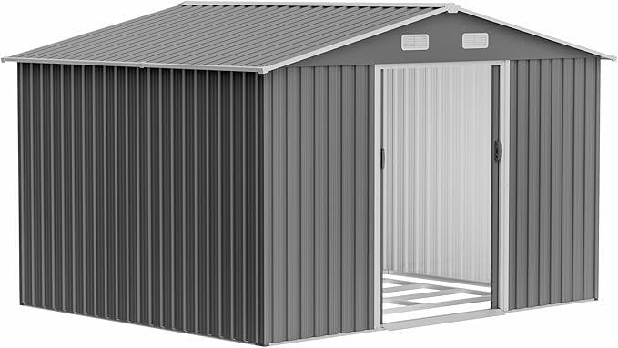 10x8 FT Sheds & Outdoor Storage Garden Metal Shed with Floor Included Lockable Sliding Door and Air Vents Foundation Steel Shed with Air Vents Waterproof Roof Ideal for Backyard Patio Lawn Dark Gray