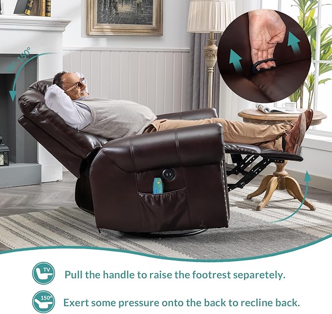 MEETWARM Massage Swivel Rocker Recliner with Heat and Vibration, Manual Glider Rocking Recliner Chair, 360°Swivel Lounge Reclining Chair with Remote Control/USB Ports for Living Room(Dark Brown)